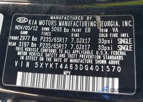 2013 Kia Sorento Lx from USA, damaged, VIN 5XYKT4A63DG401570